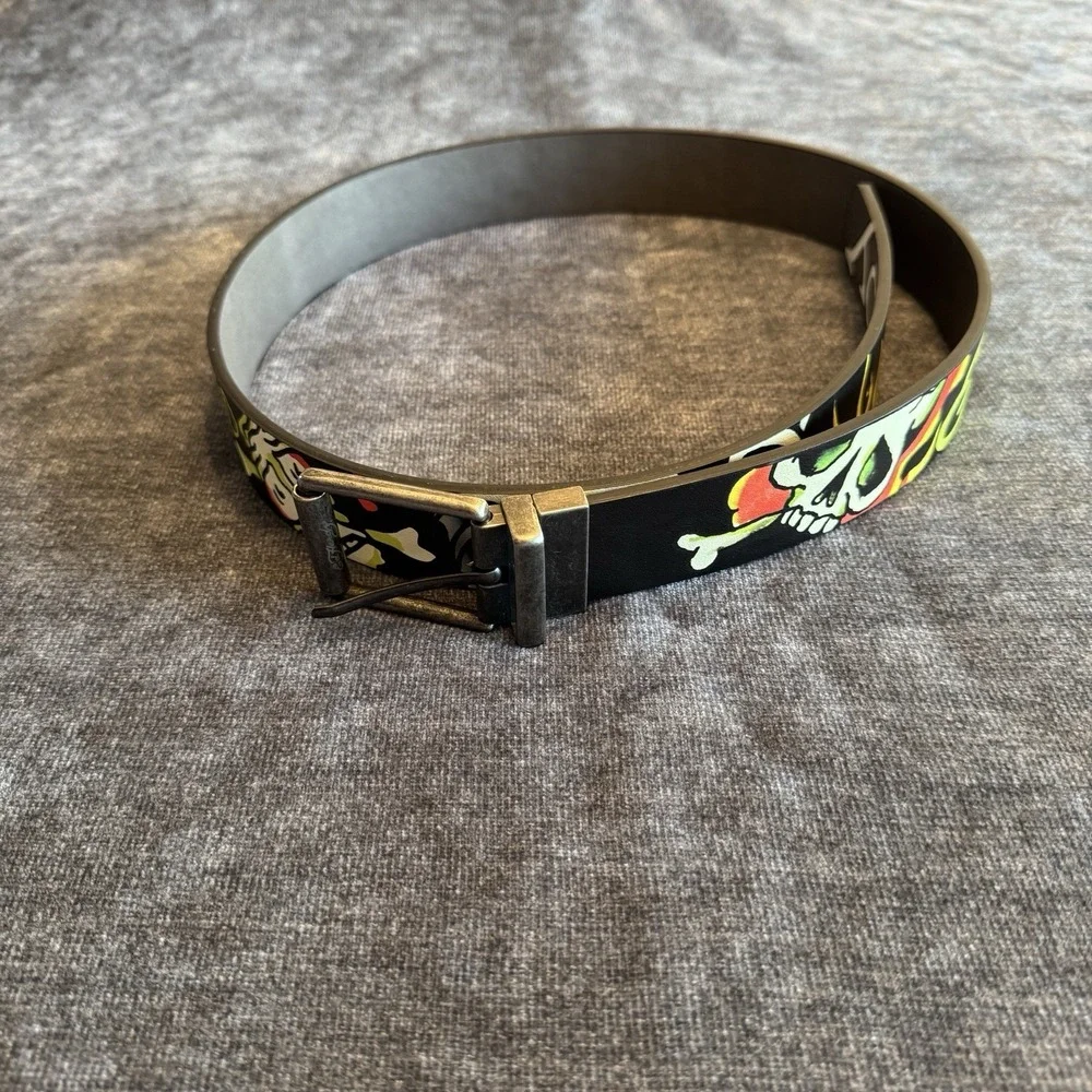 Ed Hardy black leather belt with colorful graffiti-style graphics Size 36 Waist